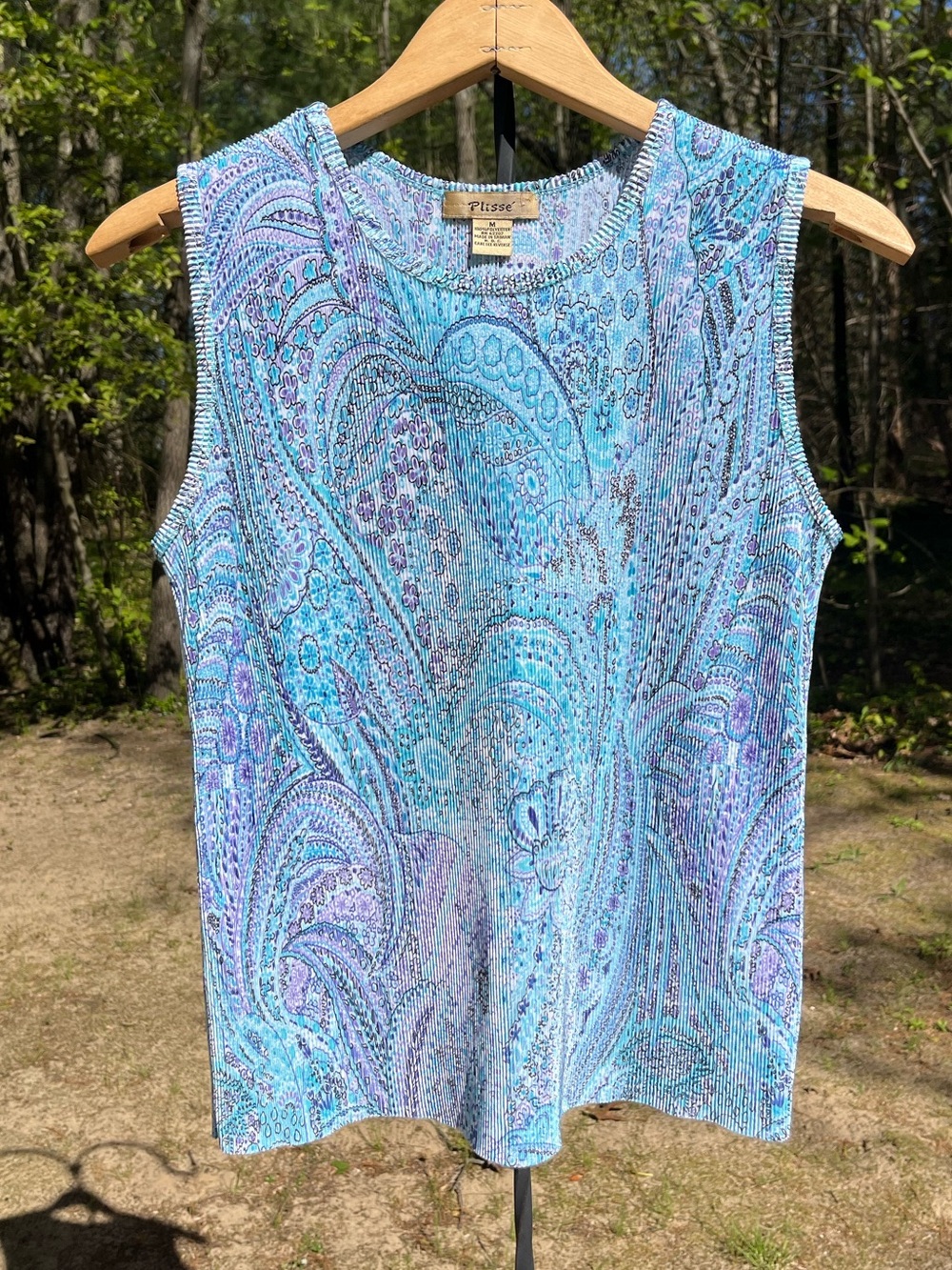 Y2K Plissé Paisley Pleated Tank Top Size M Stretchy Boho Pastel Spring Girly
